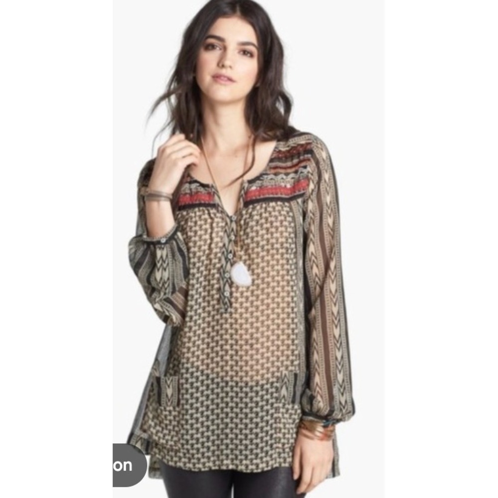 Free People Tunic Top Womens Medium Black Beige Excellent Beaded Tribal Print